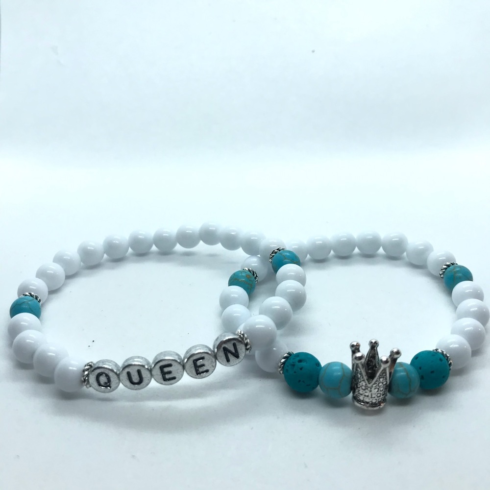 Chakra and white Crown/Queen Bracelet set